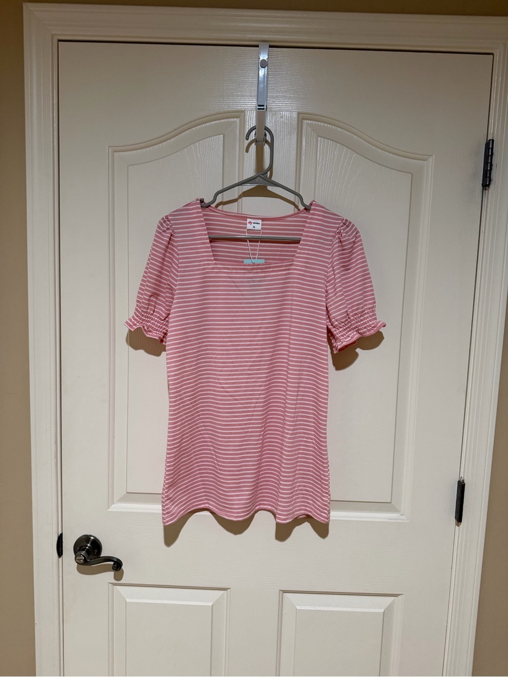 Women's Pink Striped Square-Neck Short Sleeve Top